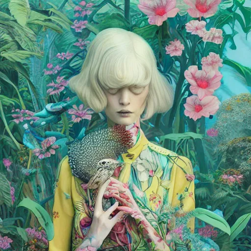 Image similar to pretty model with botanical and birds : : by martine johanna and simon stalenhag and chie yoshii and casey weldon and wlop : : ornate, dynamic, particulate, rich colors, intricate, elegant, highly detailed, vogue, harper's bazaar art, fashion magazine, smooth, sharp focus, 8 k, octane render