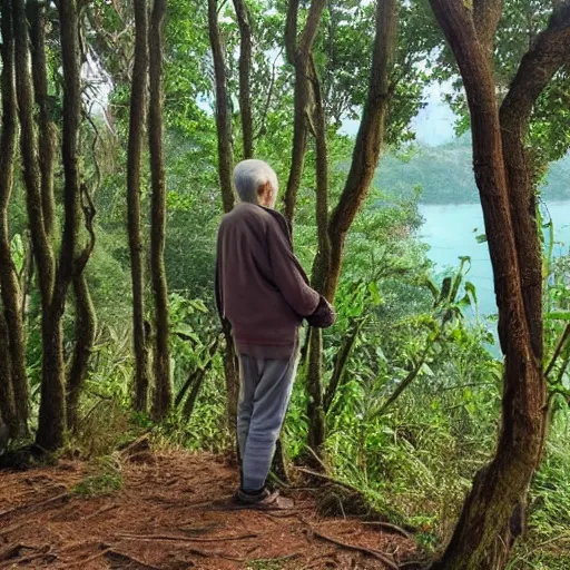 Image similar to an old man looking to sea from forest, animals in forest