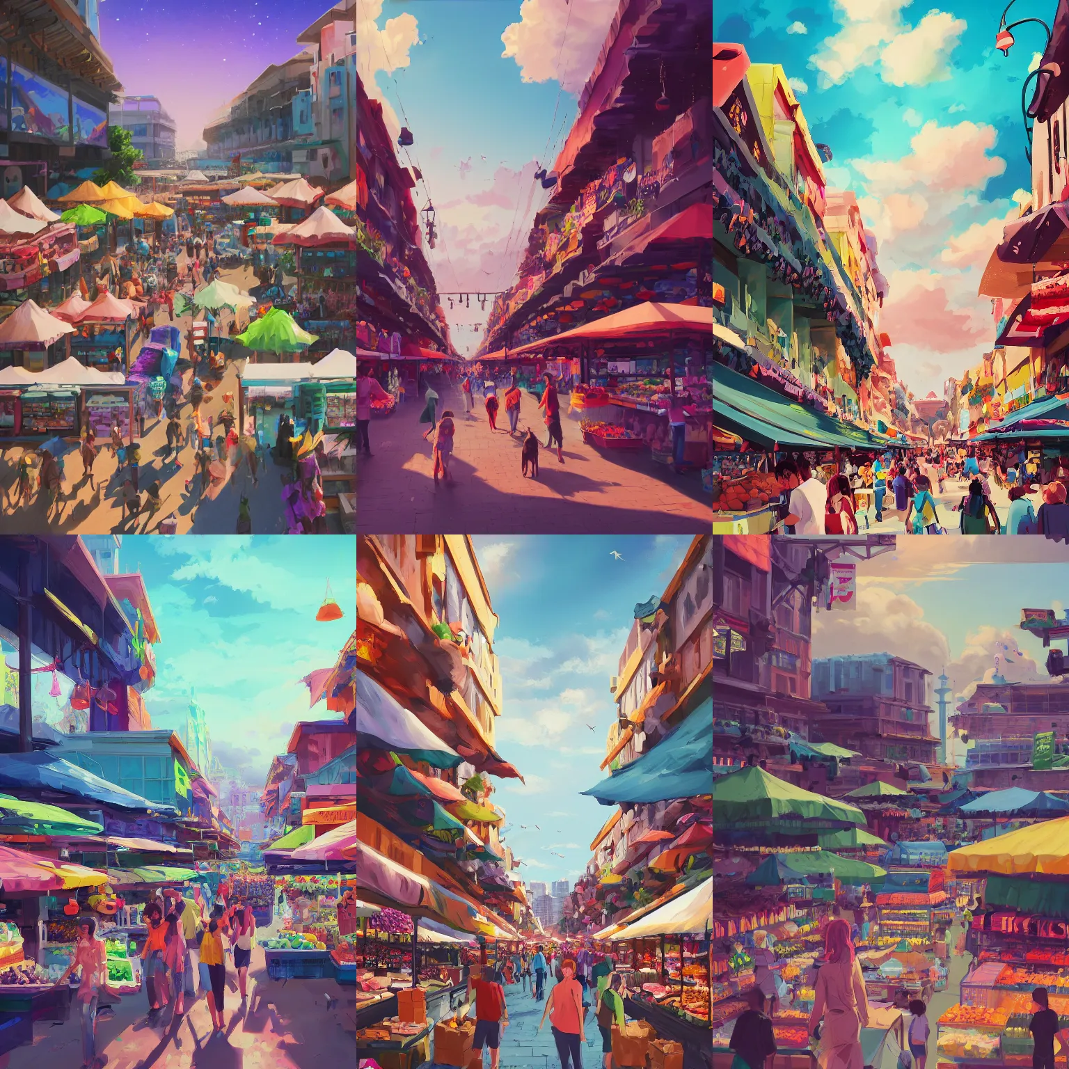 Prompt: a beautiful matte painting of summerday market with people and animals are shopping in the citymall digital art by aenami alena, vibrant, landscape, digital art, aenami alena, cinematic, summer sky, anime, manga, hyper detailed, trending on artstation