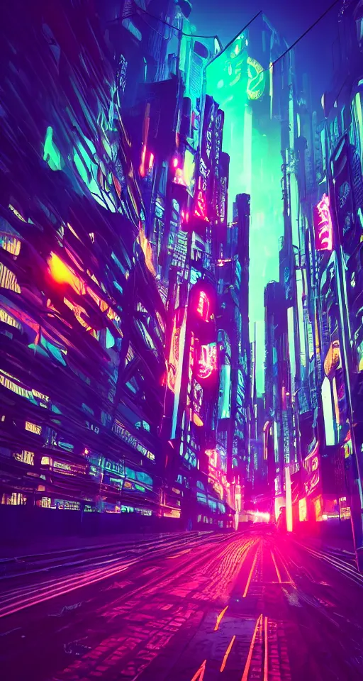 Prompt: cyberpunk city, neon lights, glow, sunset, retrowave style,