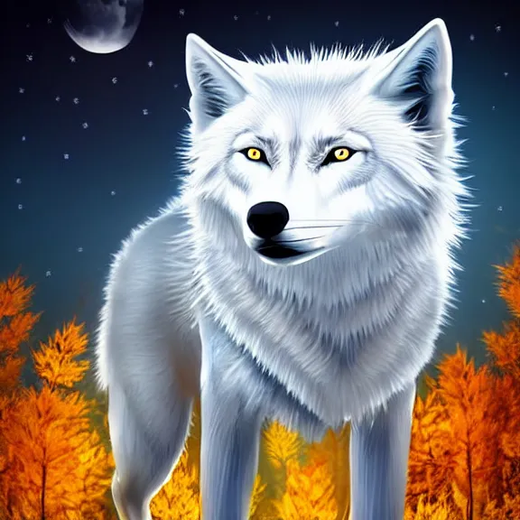 Image similar to white wolf with blue eyes stands in a dark night dormant autumn forest with magic moon in sky, no yellow color in eyes, no yellow color, realistic