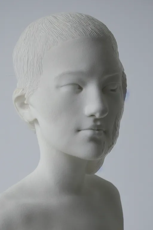 Image similar to full head and shoulders, female porcelain sculpture by daniel arsham and raoul marks, smooth, all white features on a white background, detailed white 3 d giant poppies on the head