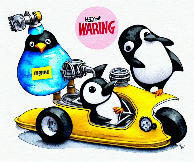 Prompt: cute and funny, penguin wearing a helmet riding in a tiny go kart with an oversized engine, ratfink style by ed roth, centered award winning watercolor pen illustration, isometric illustration by chihiro iwasaki, edited by range murata, tiny details by artgerm and watercolor girl, symmetrically isometrically centered, sharply focused