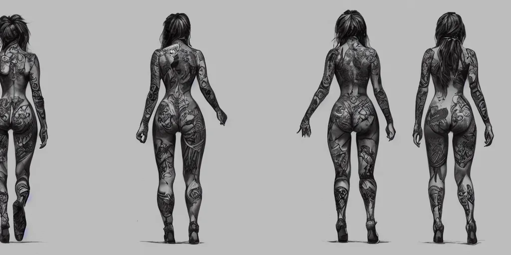 Image similar to tattooed woman walking cycle, character sheet, fine details, concept design, contrast, brigitte bardot, kim jung gi, greg rutkowski, trending on artstation, 8 k, full body, turnaround, front view, back view, ultra wide angle