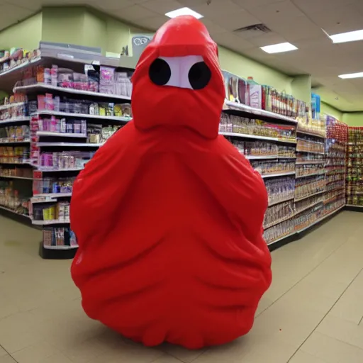 Image similar to photo, a man wearing a giant slimy slug costume crawling through a cvs pharmacy