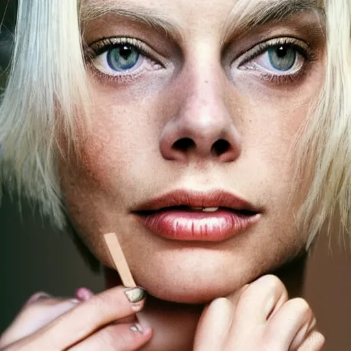 Image similar to photo of margot robbie, full platinum blond, no eyebrows, pale skin, freckle, by cig harvey, realistic, high detail, high quality, trending on pinteresst