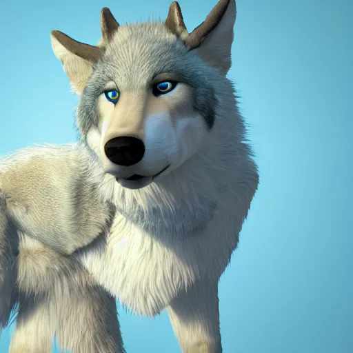 Image similar to 3 d render, well toned, large and tall, female, anthropomorphic wolf with a short snout, blue scales and fur with white spots and wings on her back, icey blue dress, furr covering her chest.