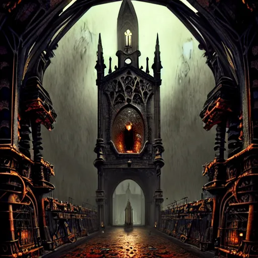 Image similar to steam necropolis, memento mori, gothic, neo - gothic, art nouveau, hyperdetailed copper patina medieval icon, stefan morrell, philippe druillet, ralph mcquarrie, concept art, steampunk, unreal engine, detailed intricate environment, octane render, moody atmospherics, volumetric lighting, ultrasharp, ominous, otherworldly