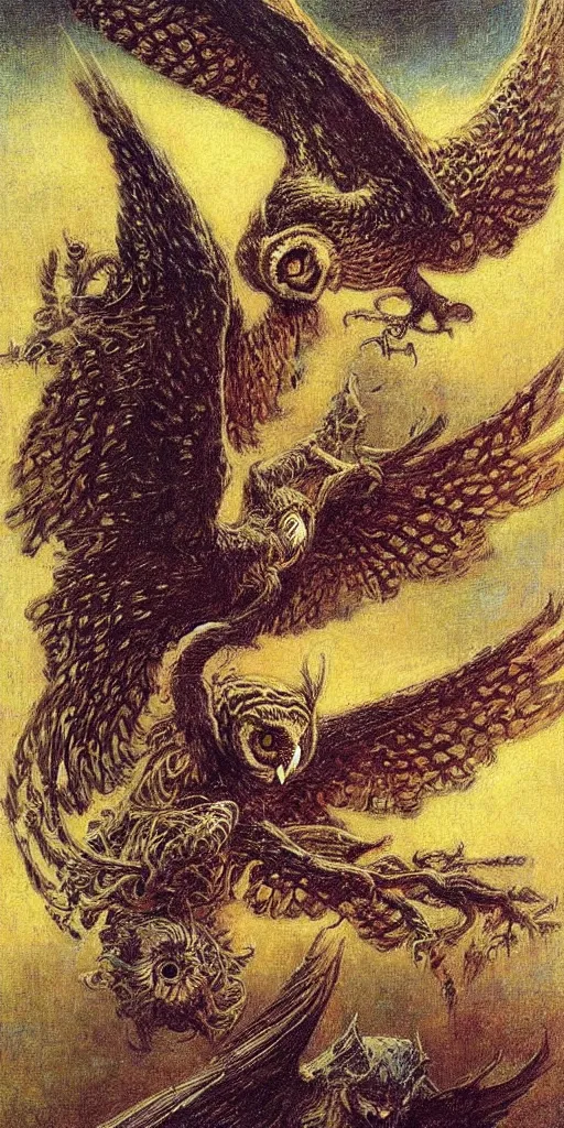Prompt: a painting of the owl of nightmares by gustav moreau, jean delville and  Gaston Bussiere