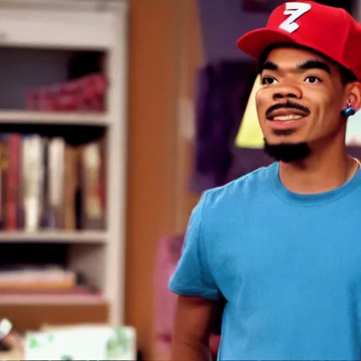 Image similar to a tv still of Chance The Rapper starring as a college student in a 1993 black sitcom