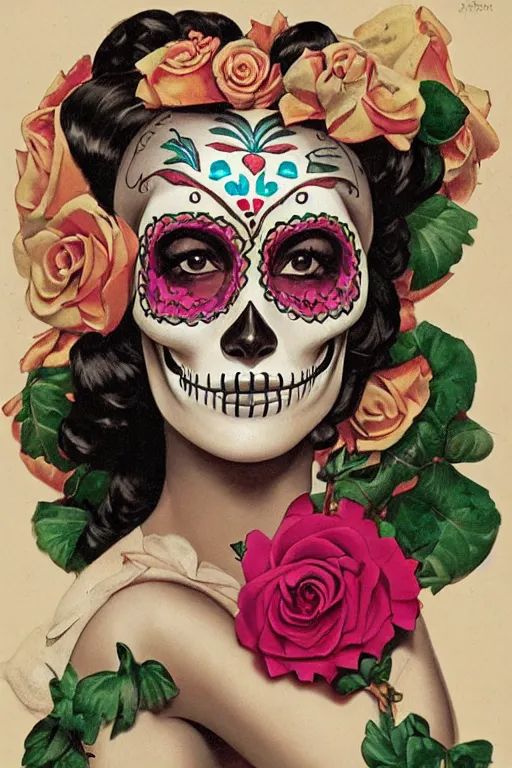 Image similar to illustration of a sugar skull day of the dead girl, art by gil elvgren