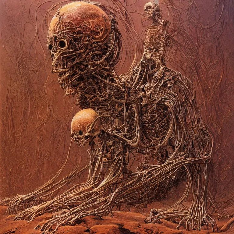 Prompt: organic cyborg alien skeleton alien centipede planet face style of peter gric zdzislaw beksinski surrealism poster art