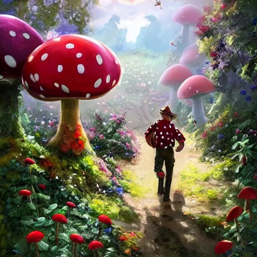 Image similar to portrait of Mario, running up a hill of exotic flowers in the Mushroom Kingdom, giant red and white spotted mushrooms, and roses, from behind, Castle in distance, birds in the sky, sunlight and rays of light shining through trees, beautiful, solarpunk!!!, highly detailed, digital painting by Michael Garmash and Peter Mohrbacher