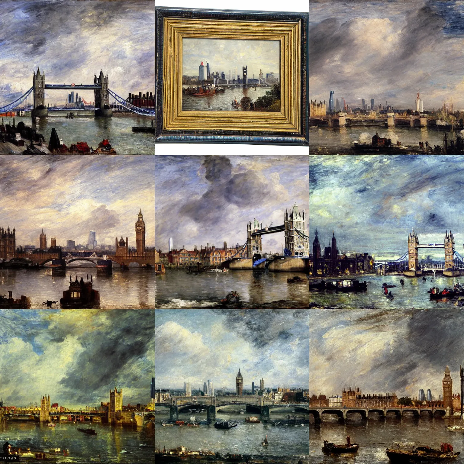 Prompt: London skyline including Tower Bridge, painting by John Constable