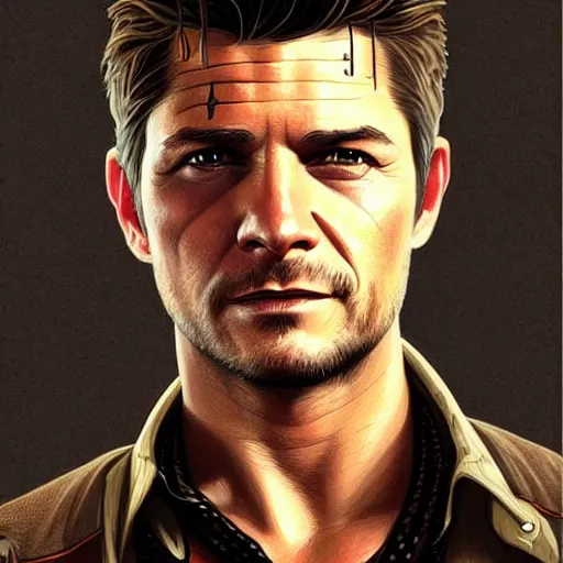 Image similar to A combination of Jensen Ackles's and Orlando Bloom's and Timothy Olyphant's faces as Nathan Drake, western, D&D, fantasy, intricate, elegant, highly detailed, digital painting, artstation, concept art, matte, sharp focus, illustration, art by Artgerm and Greg Rutkowski and Alphonse Mucha