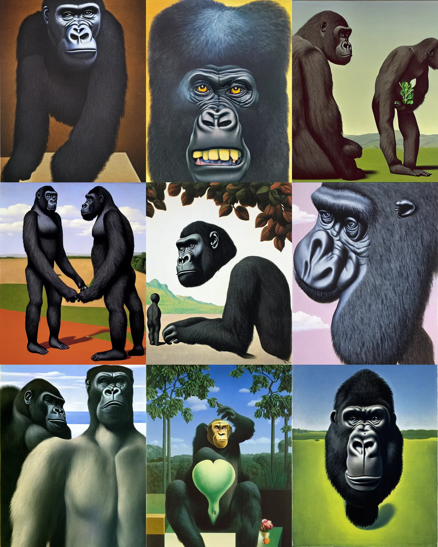 Prompt: a gorilla in the son of man, by rene magritte