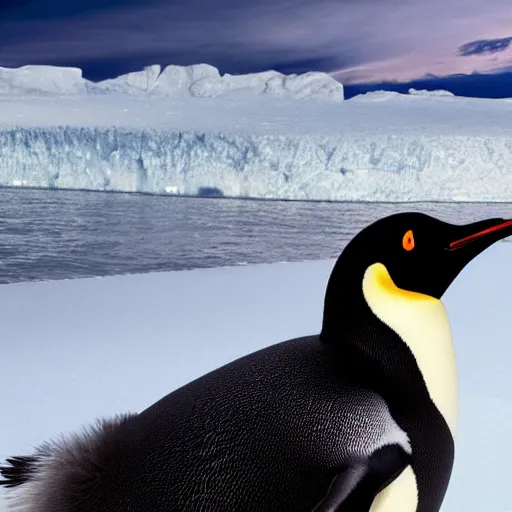 Image similar to hyperrealistic photo of a penguin with dangerous tusks, an arctic wildlife photographer's picture, extremely detailed feathers, impressive shading, snowscapes in the background