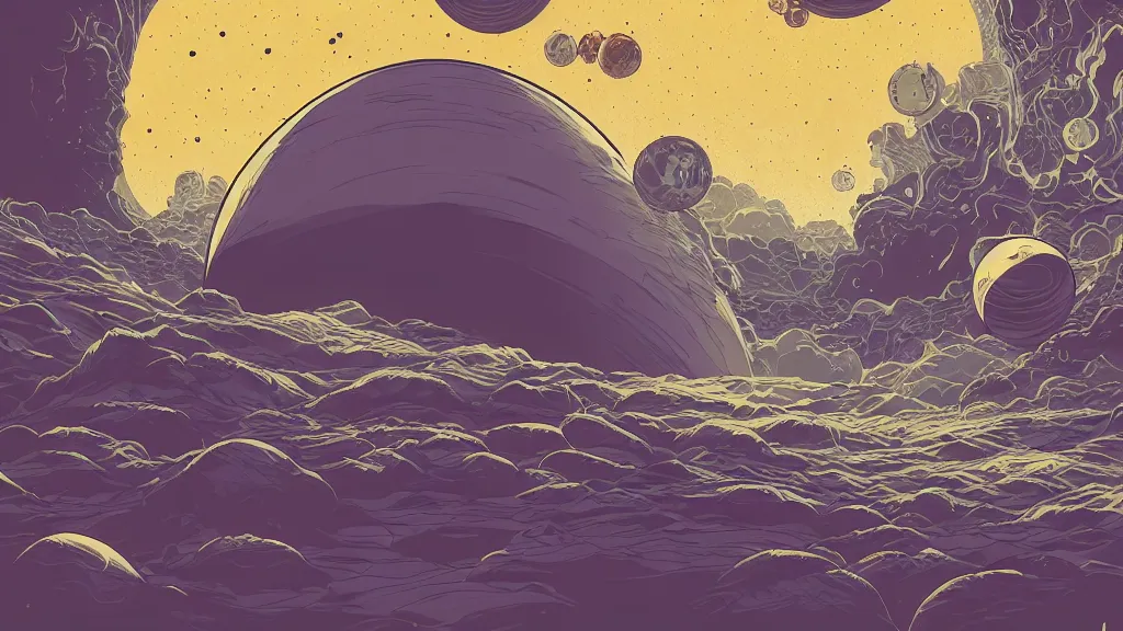 Prompt: very detailed, prophet graphic novel, ilya kuvshinov, mcbess, rutkowski, simon roy, illustration of a malevolent planet looming in the distance, a ring of space junk floats around the planet, wide shot, colorful, deep shadows, astrophotography