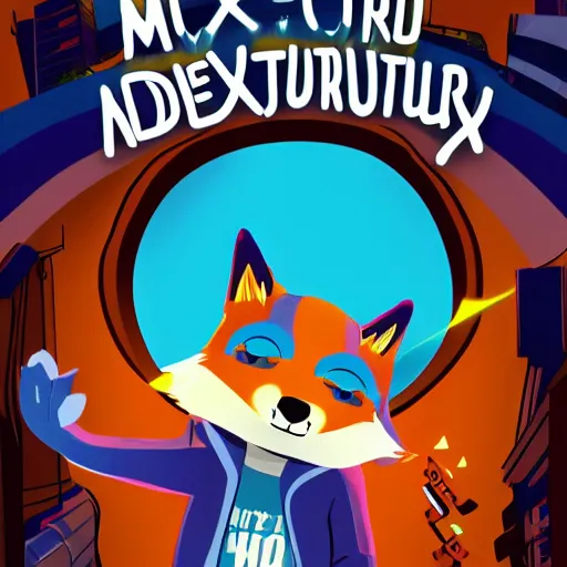 Image similar to modern adventure movie poster, featuring in anthropomorphic blue fox in a blue hoodie, artistic metro city background, promotional print media