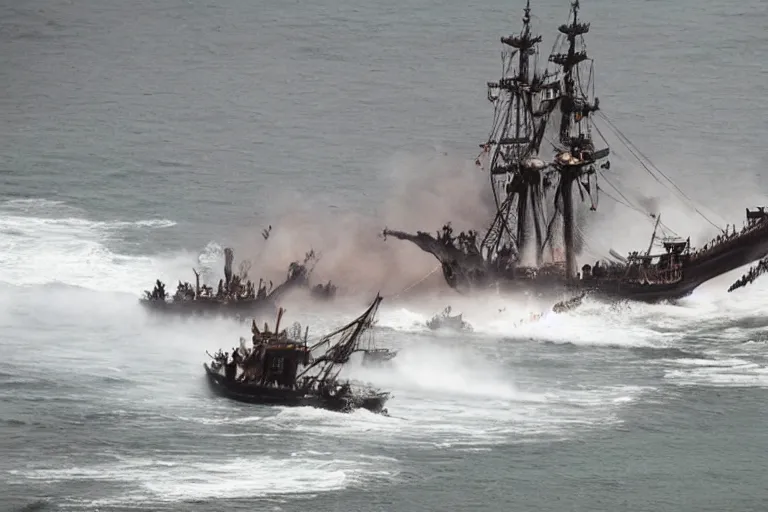 Image similar to closeup pirate crew running down beach as pirate ship fires canons, sand explosion 2 0 0 mm by emmanuel lubezki