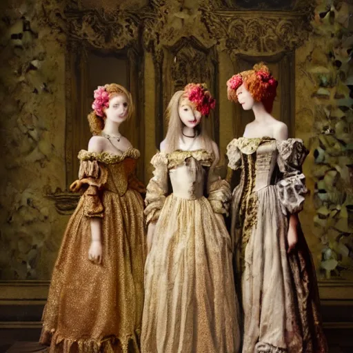 Image similar to 8k, octane render, realism, tonalism, renaissance, rococo, baroque, group of creepy young ladies wearing long flowers and skull dress, harajuku manga, background chaotic gold leaf flowers