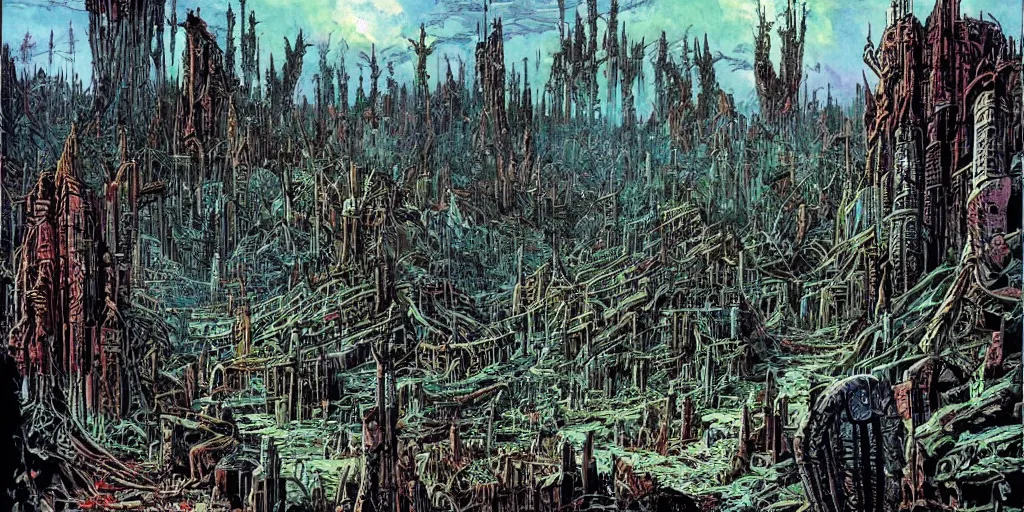 Image similar to post apocalyptic scifi landscape with city ruins, bustling with orcs and elven mystics, by philippe druillet, psychedelic colors