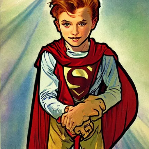 Prompt: a cute little boy with a mischievous face and ginger hair. he is dressed as a superhero. well composed, clean elegant painting, beautiful detailed face. painting by steve ditko and jack kirby and ( alphonse mucha )