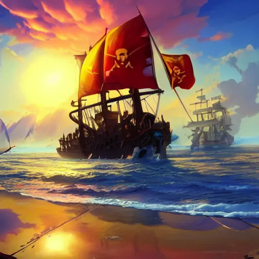 Prompt: a large pirate ship with a sun on its bow, pirates flag, cgsociety, fantasy art, 2 d game art, concept art, heavenly lighting, retrowave, behance hd, concept art by jesper ejsing, by rhads, makoto shinkai cyril rolando, madgwick