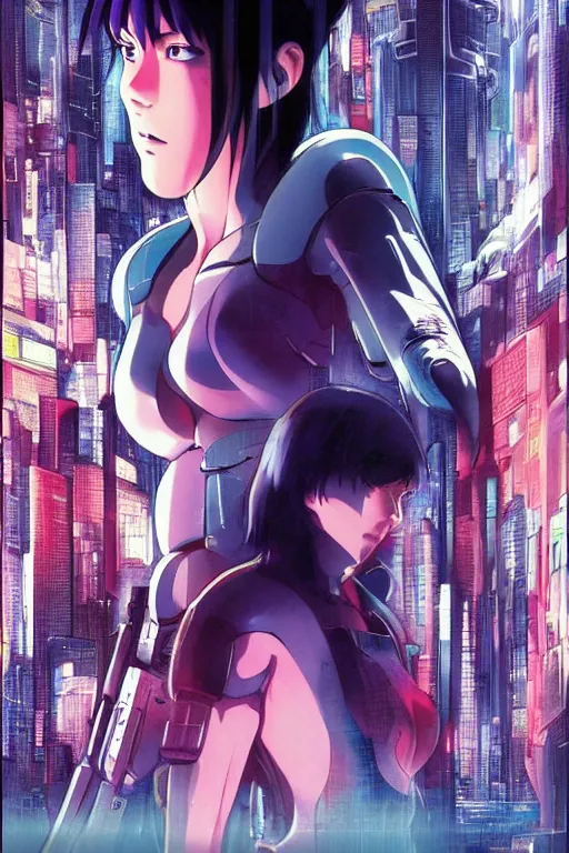 Image similar to ghost in the shell poster 1998 key art by makoto shinkai and Masamune Shirow