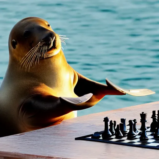 Image similar to photo of a sea lion playing chess with a stand fan, award-winning photograph, national geographic, 8k