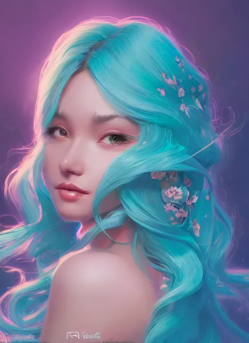 Prompt: beautiful girl with long turqoise hair, cute, intricate, highly detailed, digital painting, trending on artstation, concept art, smooth, sharp focus, backlit, rim light, vivid colors, illustration, unreal engine 5, 8 k, art by rossdraws
