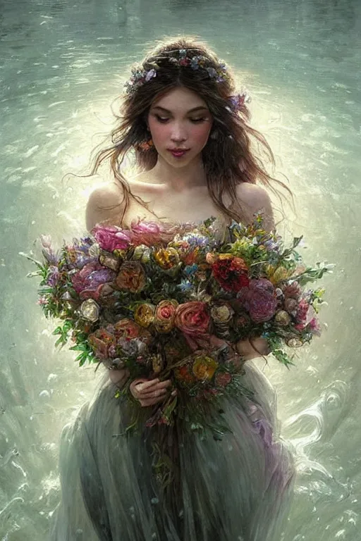 Prompt: portrait of a beautiful mysterious woman holding a bouquet of flowing flowers, drenched clothing, wet dripping long hair, hands hidden under the bouquet, emerging from the water, fantasy, regal, intricate, by stanley artgerm lau, greg rutkowski, thomas kinkade, alphonse mucha, loish, norman rockwell