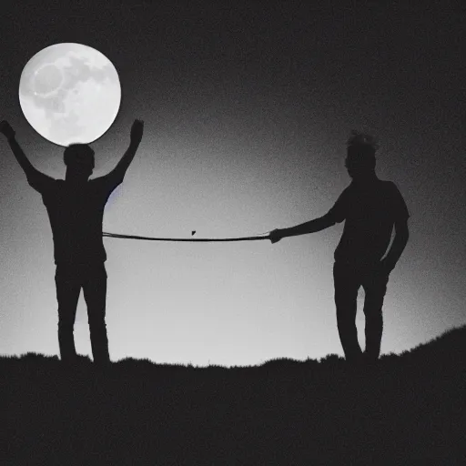 Image similar to silhouettes of two men holding hands on top of a hill with the moon visible in the sky behind them, black and white