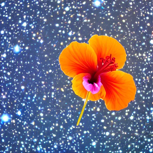 Prompt: a small hibiscus flower with detailed orange pedals, floating in space, wide perspective, hubble photo, olympus xa camera, 3 5 mm film, beautiful, galaxies