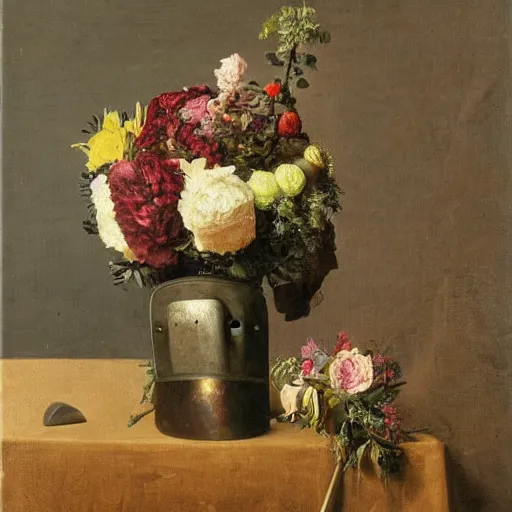 Prompt: a still life of iron man's helmet and a vase full of flowers, by sientje mesdag van houten