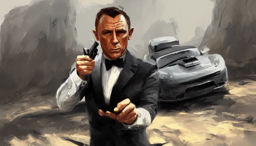 Image similar to concept art of james bond, cinematic shot, oil painting by jama jurabaev, extremely detailed, brush hard, artstation, high quality, brush stroke