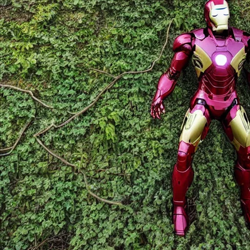 Image similar to abandoned iron man suit, overgrown and covered in vines, 4k realistic photo