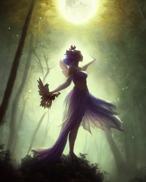 Image similar to attractive fairy goddness fly high in the night, d & d, fantasy, mist, full moon in background, trees, hyper detailed, art by artgerm and greg rutkowski and magali villeneuve, midium shot, 8 k realistic, cryengine, digital painting, trending on artstation, concept art, sharp focus, illustration,