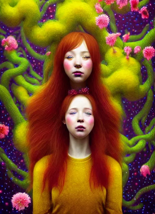 Prompt: hyper detailed 3d render like a Oil painting - kawaii standing portrait Aurora (auburn haired Singer Weaslwaif) seen Eating of the Strangling network of yellowcake aerochrome and milky Fruit and Her delicate Hands hold of gossamer polyp blossoms bring iridescent fungal flowers whose spores black the foolish stars by Jacek Yerka, Mariusz Lewandowski, Houdini algorithmic generative render, Abstract brush strokes, Masterpiece, Edward Hopper and James Gilleard, Zdzislaw Beksinski, Mark Ryden, Wolfgang Lettl, hints of Yayoi Kasuma, octane render, 8k