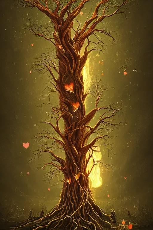 Prompt: a beautiful digital illustration painting of a detailed gothic fantasy fireflies and roots, fantasy tree with heart carved into the bark by giorgio de chirico, and david rios ferreira. 8 k resolution trending on artstation concept art digital illustration