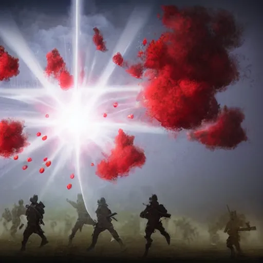 Prompt: bloody war scene, explosions, soldiers running, fog, sun beams, no text, painting style