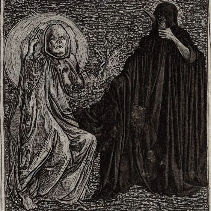 Prompt: a goblin monster and a woman in a black cloak, in a nebula, by Rogier van der Weyden