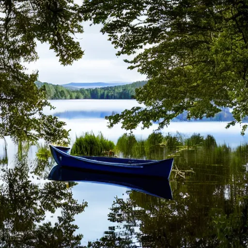 Image similar to a cinematic shot of an old blue rowing boat at the side of a still loch with the reflection of the trees and high forested scottish mountains visible reflecting in the water and a large house barely visible in the distance on the opposite side of the water through a gap in the trees