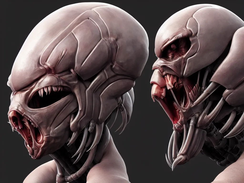 Image similar to game concept art, muscular, exoskeleton, chiroptera head, isopod, hyperrealism, fine detail, artstation, cgsociety, zbrush, no background