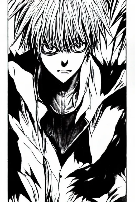 Prompt: deathnote manga the rigid on the rukus, art by takeshi ohbata