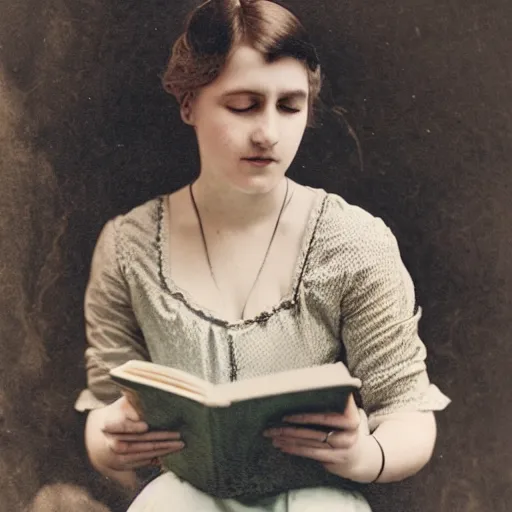 Prompt: a vintage 1 9 0 0 s kodachrome slide portrait of a young woman reading a book.