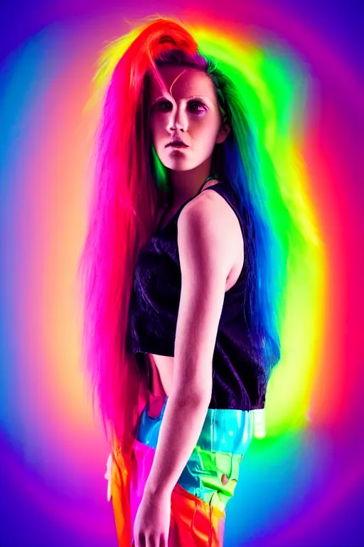 Image similar to a award winning half body portrait photograph of a beautiful woman with stunning eyes in a croptop and cargo pants with rainbow colored hair, routlined by whirling illuminated neon lines, outrun, vaporware