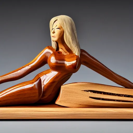 Prompt: wooden sculpture of a blonde lady in a bikini cooking sardines, polished maple, thoughtful, elegant, real