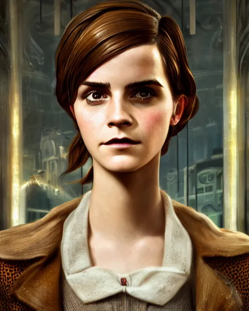 Image similar to bioshock portrait of emma watson, au naturel, hyper detailed, digital art, trending in artstation, cinematic lighting, studio quality, smooth render, unreal engine 5 rendered, octane rendered, art style by klimt and nixeu and ian sprigger and wlop and krenz cushart.