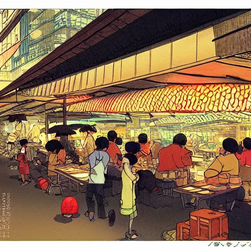 Prompt: a hawker centre at night, by satoshi kon